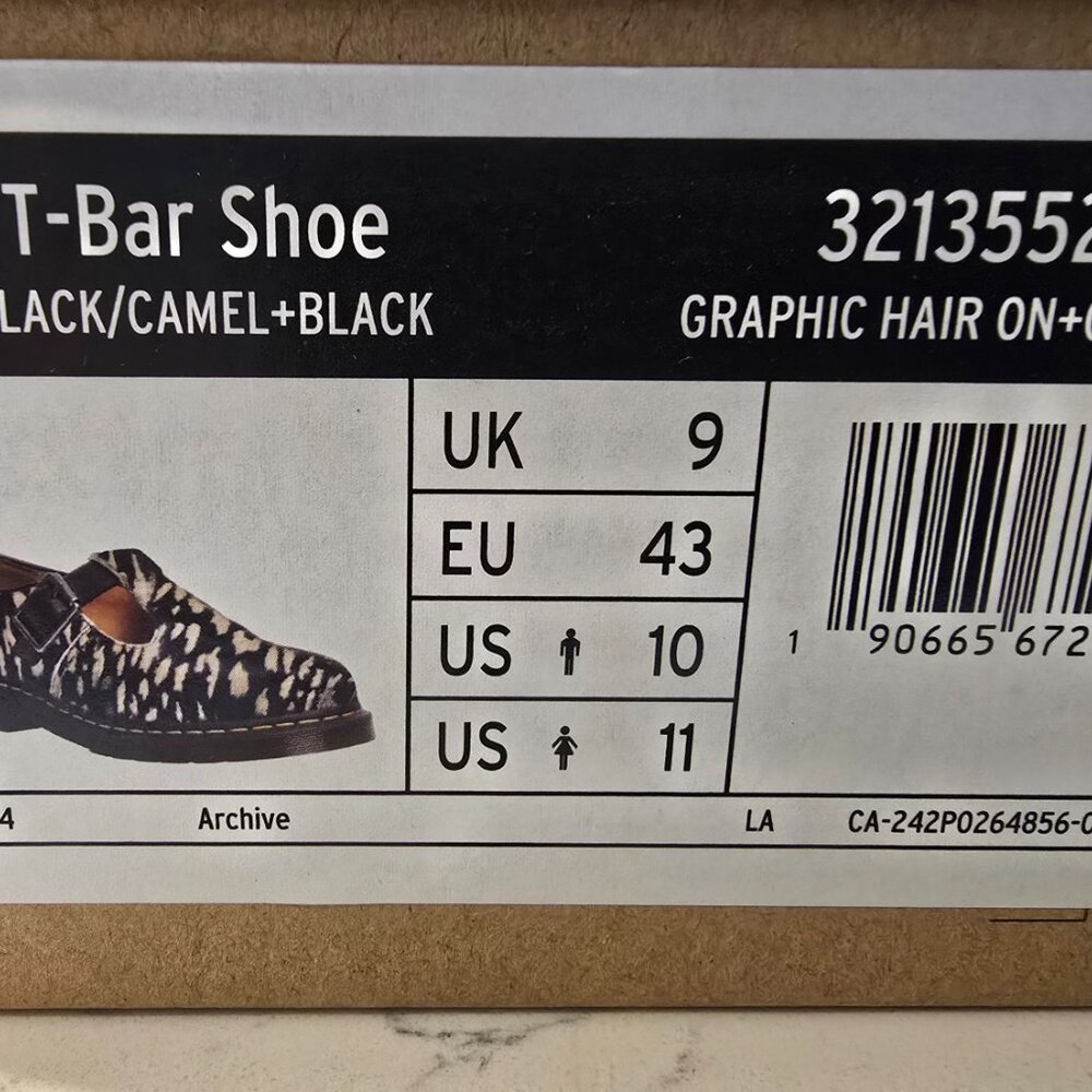 Dr. Martens T-Bar Shoe 32135526 Black Tan Hair-On Mens Sz 10 Leopard Print NEW - Picture 9 of 9